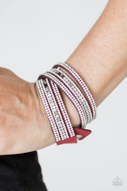 Rock Star Attitude - Red/Silver Elongated Trio Flat Studded Encrusted Suede Double Wrap Adjustable Snap Closure Bracelet B#4221