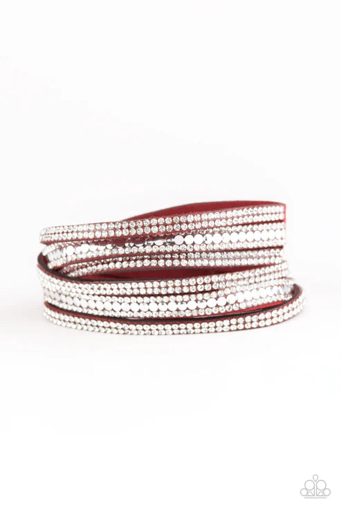 Rock Star Attitude - Red/Silver Elongated Trio Flat Studded Encrusted Suede Double Wrap Adjustable Snap Closure Bracelet B#4221