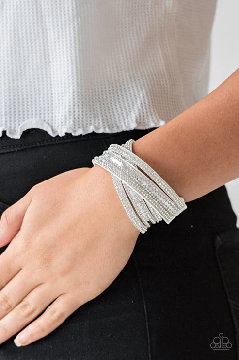 Rock Star Attitude - White/Silver Elongated Trio Flat Studded Encrusted Suede Double Wrap Adjustable Snap Closure Bracelet B#6274