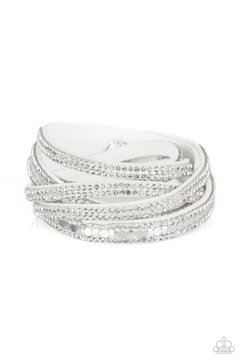 Rock Star Attitude - White/Silver Elongated Trio Flat Studded Encrusted Suede Double Wrap Adjustable Snap Closure Bracelet B#6274