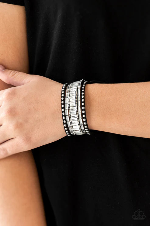 Rock Star Rocker - Black/White/Silver Emerald-Cut Spliced Studded Ball Chain Suede Bracelet B#4209
