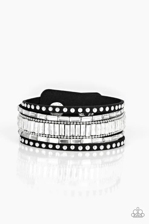 Rock Star Rocker - Black/White/Silver Emerald-Cut Spliced Studded Ball Chain Suede Bracelet B#4209