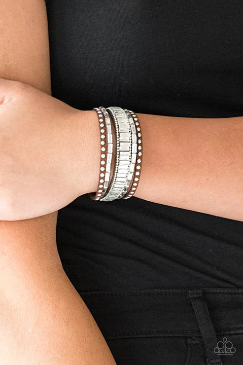 Rock Star Rocker - Brown/White/Silver Emerald-Cut Spliced Studded Ball Chain Suede Bracelet B#4080