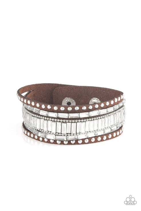 Rock Star Rocker - Brown/White/Silver Emerald-Cut Spliced Studded Ball Chain Suede Bracelet B#4080