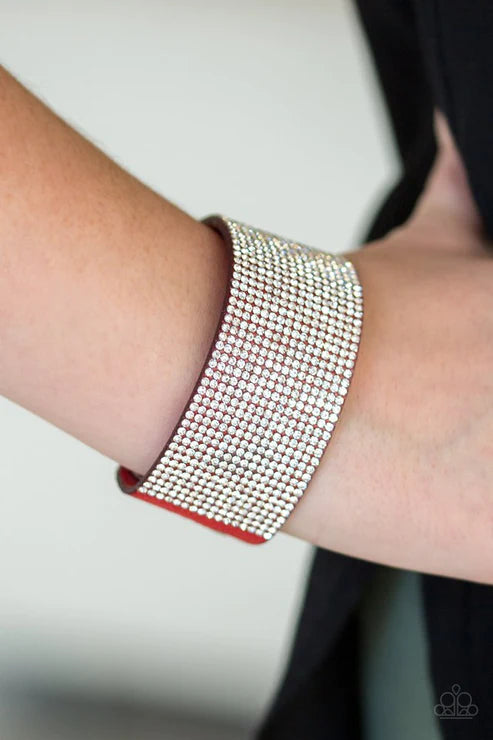 Roll With The Punches - Red Oversized Encrusted Suede Adjustable Snap Closure Bracelet B#3914