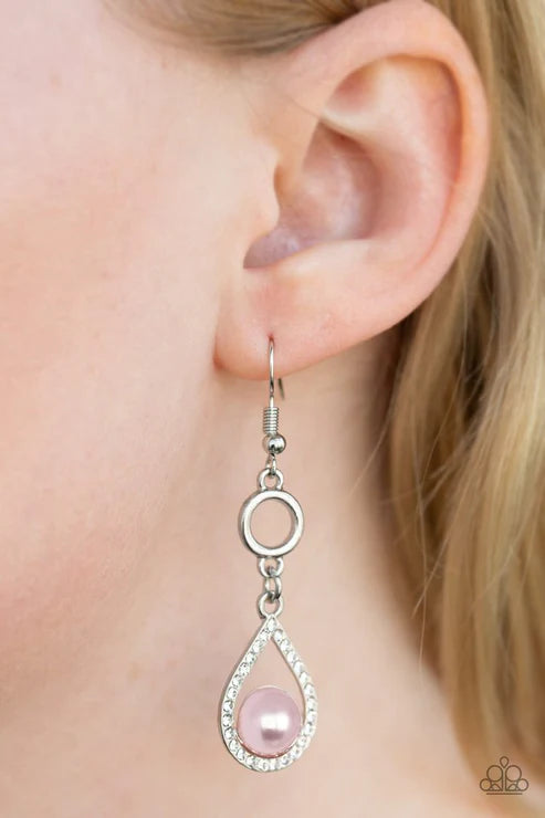 Roll Out The Ritz - Pink Infused Round Pearl Nestled Encrusted Teardrop Refined Earrings E#6798