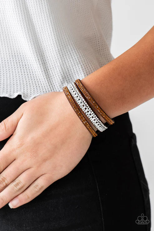 Rollin In Rhinestones - Brown Topaz Chain Encrusted Suede Bracelet B#6159