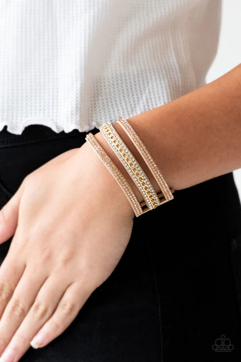 Rollin In Rhinestones - Gold Chain Encrusted Suede Bracelet B#5418
