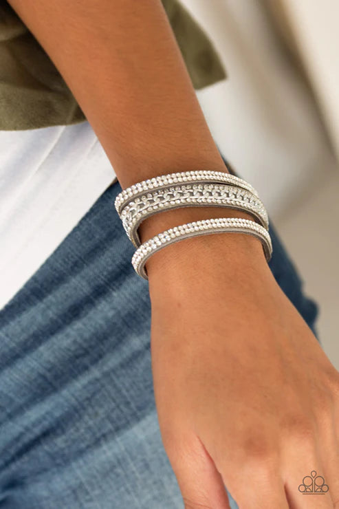 Rollin In Rhinestones - Silver Chain Encrusted Suede Bracelet B#5414