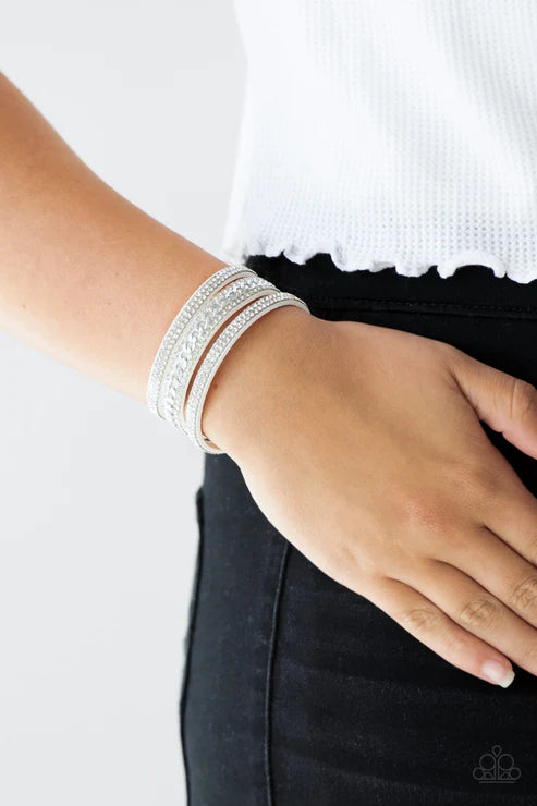 Rollin In Rhinestones - White Chain Encrusted Suede Bracelet B#6573