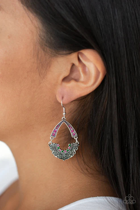 Royal Engagement - Multi (Green/Pink) Encrusted Arc Link Filigree Earrings E#3061
