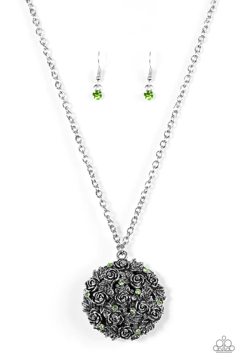 Royal In Roses - Green Leafy Vintage 3D Rosebud Encrusted Necklace N#6208