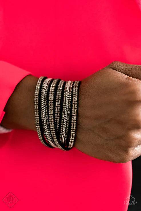 Royal Razzle - Oversized Black Trio Smoky Hematite Encrusted Ball Chain Suede Double Wrap Adjustable Snap Closure Bracelet B#4222