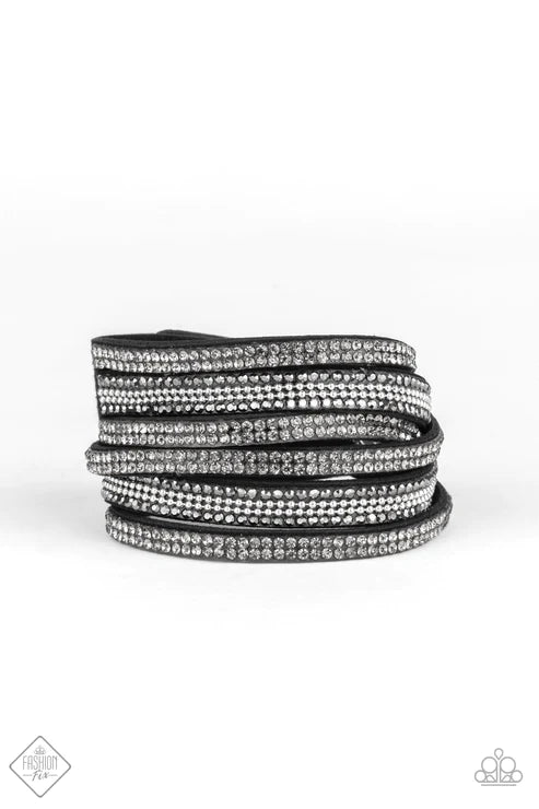 Royal Razzle - Oversized Black Trio Smoky Hematite Encrusted Ball Chain Suede Double Wrap Adjustable Snap Closure Bracelet B#4222