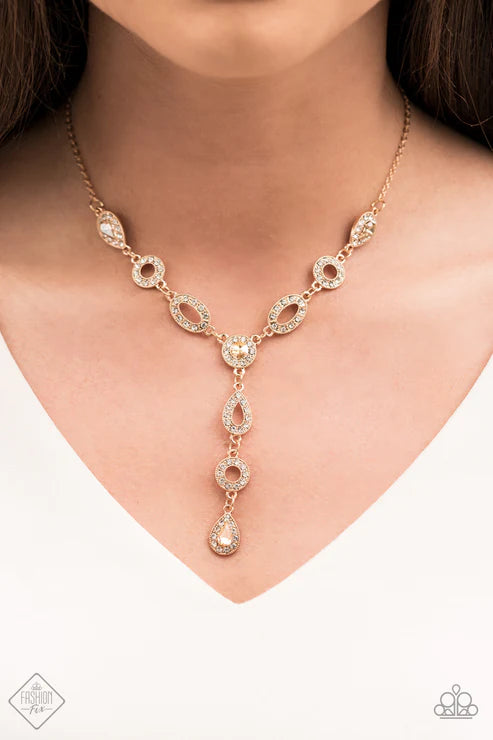Royal Redux - Gold  White Encrusted Frames Teardrop/Round/Oval Link Trickle Elegant Extended Pendant Necklace N#7439