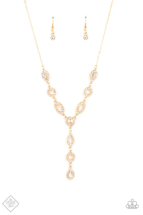 Royal Redux - Gold  White Encrusted Frames Teardrop/Round/Oval Link Trickle Elegant Extended Pendant Necklace N#7439