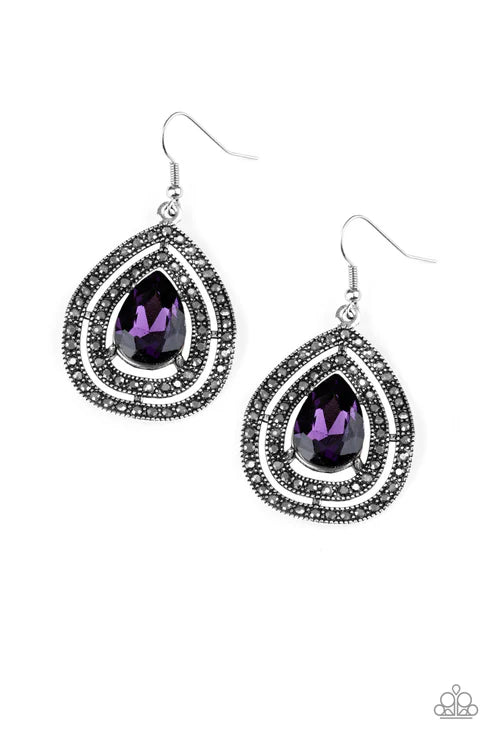 Royal Squad - Oversized Purple Dramatic Teardrop Gem Rippling Silver Frame Radiating Hematite Encrusted Regal Earrings E#841