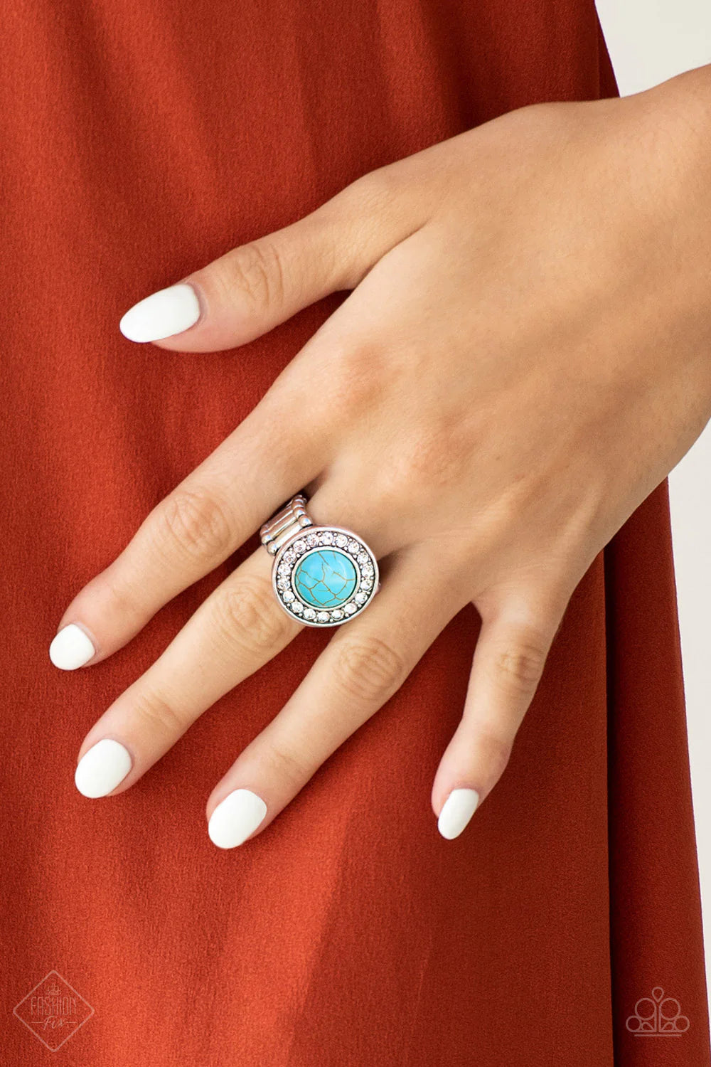 Rugged Radiance -  Blue Stone Round Silver Frame Radiating White Encrusted Earthy Refined Ring R#5465
