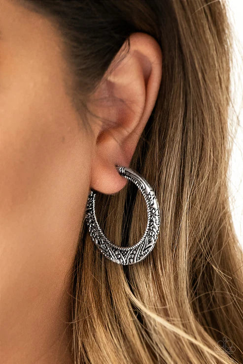 Rumba Rendezvous - Silver Stamped Tribal Curled Hoop Earrings E#3392