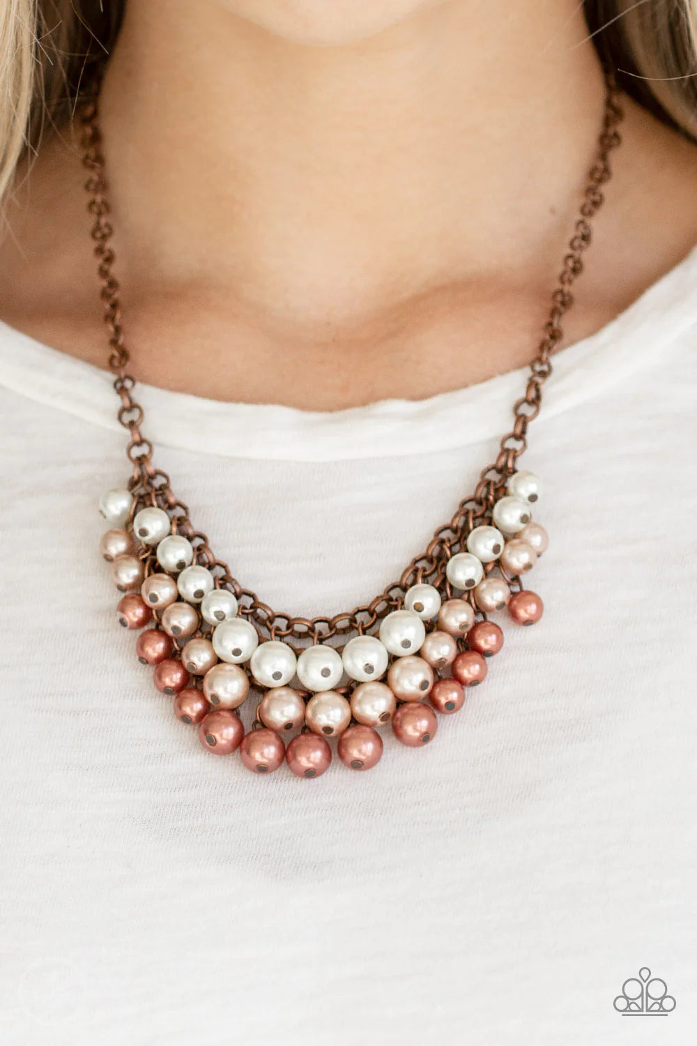 Run For The HEELS! - Copper Multi (White/Brown/Copper) Pearl Cascade Cluster Fringe Necklace N#4038