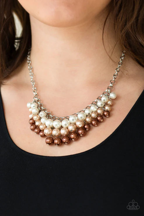 Run For The HEELS! - Brown Multi (White/Light Brown/Dark Brown) Pearl Cascade Cluster Fringe Necklace N#3834