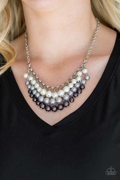 Run For The HEELS! - Multi (White/Silver/Gunmetal) Pearl Cascade Cluster Fringe Necklace N#3903