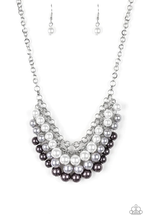 Run For The HEELS! - Multi (White/Silver/Gunmetal) Pearl Cascade Cluster Fringe Necklace N#3903