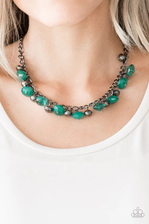 Runway Rebel - Green/Gunmetal Cloudy/Glassy Faceted Crystal Fringe Necklace N#4014