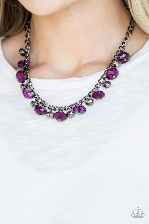 Runway Rebel - Purple/Gunmetal Cloudy/Glassy Faceted Crystal Fringe Necklace N#4547