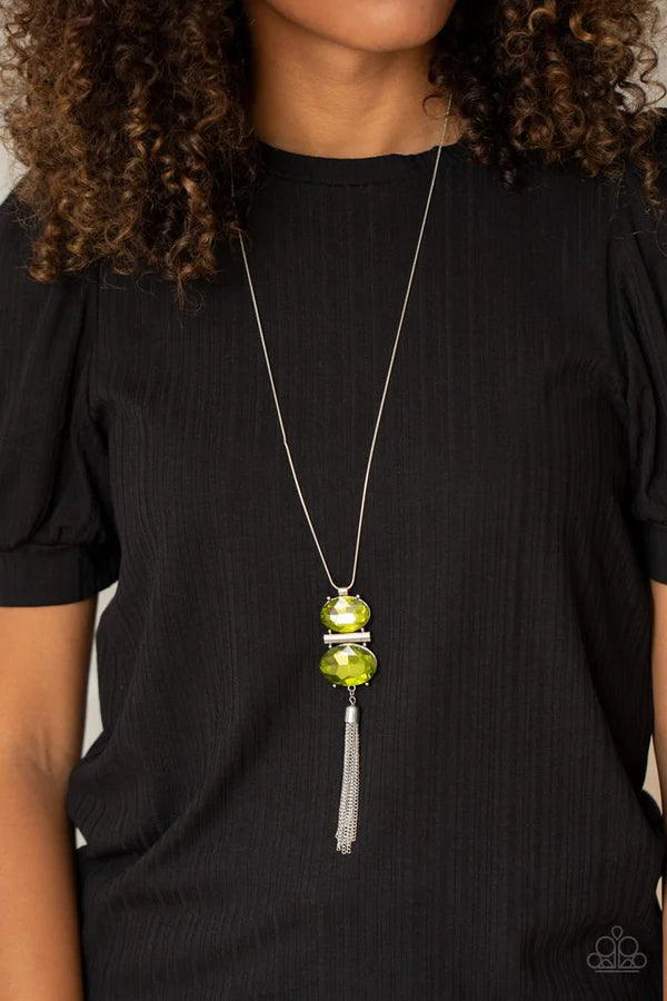Runway Rival - Oversized Green Oval/Rounded/Rectangular Stacked Tassel Necklace N#6994