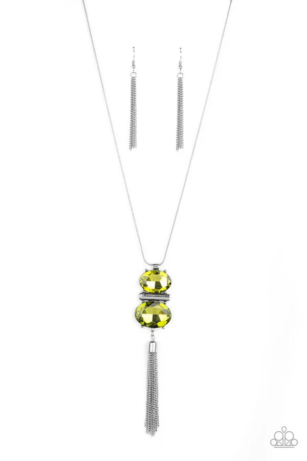 Runway Rival - Oversized Green Oval/Rounded/Rectangular Stacked Tassel Necklace N#6994