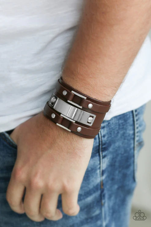 Rural Ranger - Oversized Brown Studded Abstract Buckle Leather Adjustable Snap Closure Urban Bracelet B#4740