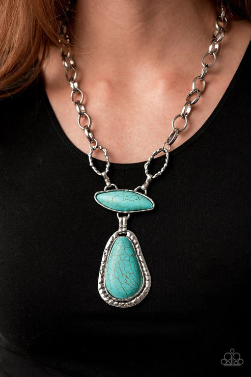 Rural Rapture - Oversized Blue Imperfect Asymmetrical Hammered Stone Link Necklace N#4180