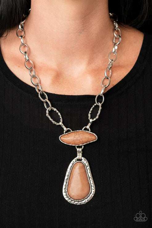 Rural Rapture - Oversized Brown Imperfect Asymmetrical Hammered Stone Link Necklace N#3095