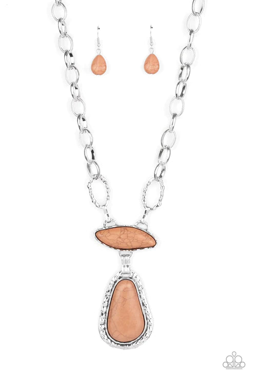 Rural Rapture - Oversized Brown Imperfect Asymmetrical Hammered Stone Link Necklace N#3095