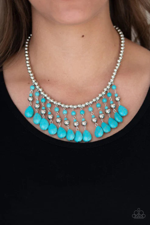 Rural Revival - Blue Teardrop Stone Accent Fringe Necklace N#2740