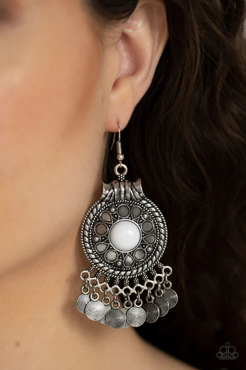 Rural Rhythm - White Floral Stamped Textured Discs Dangle Whimsical Fringe Earrings E#4136