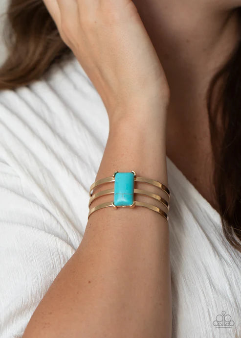 Rural Recreation - Gold/Blue Stone Rectangle Cuff Bracelet B#7003