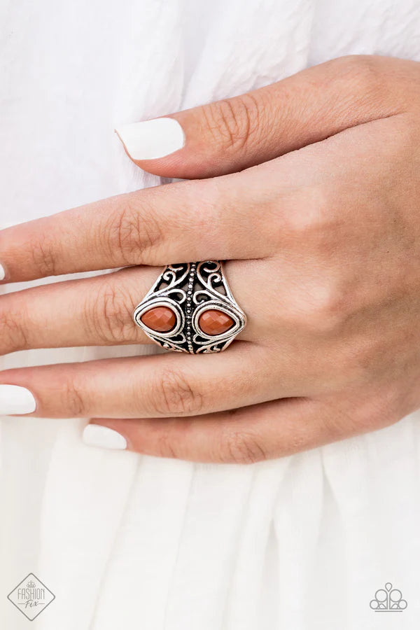 Rural Revel - Brown (Cinnamon Stick) Duo Back-to-Back Teardrop Beads Stacked Silver Filigree whimsical Centerpiece Ring R#6934