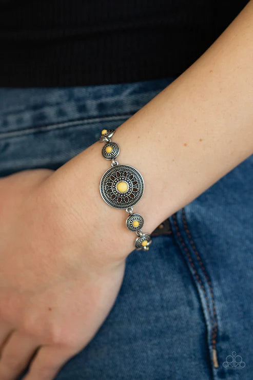 Rustic Renegade - Yellow Rustic Dotted/Studded Floral Stone Link Bracelet B#6174