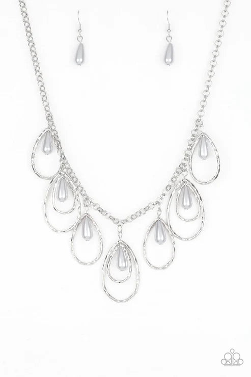 Rustic Ritz - Silver Pearl Teardrop Fringe Necklace N#3517