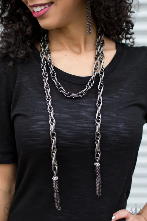 SCARFed for Attention - Oversized Gunmetal Spiral Tassel Scarf Necklace N#3140
