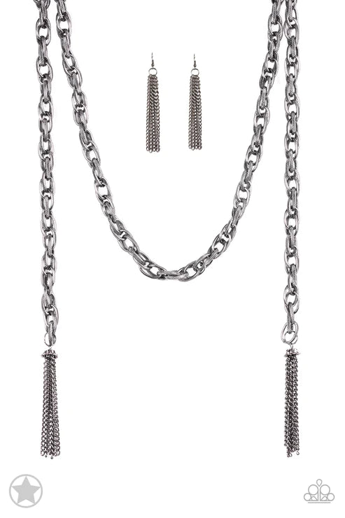 SCARFed for Attention - Oversized Gunmetal Spiral Tassel Scarf Necklace N#3140