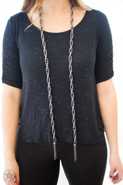 SCARFed for Attention - Oversized Gunmetal Spiral Tassel Scarf Necklace N#3140