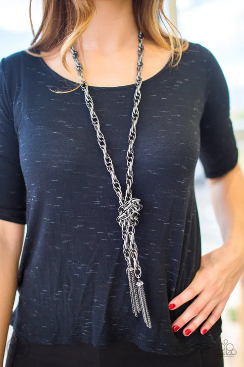 SCARFed for Attention - Oversized Gunmetal Spiral Tassel Scarf Necklace N#3140