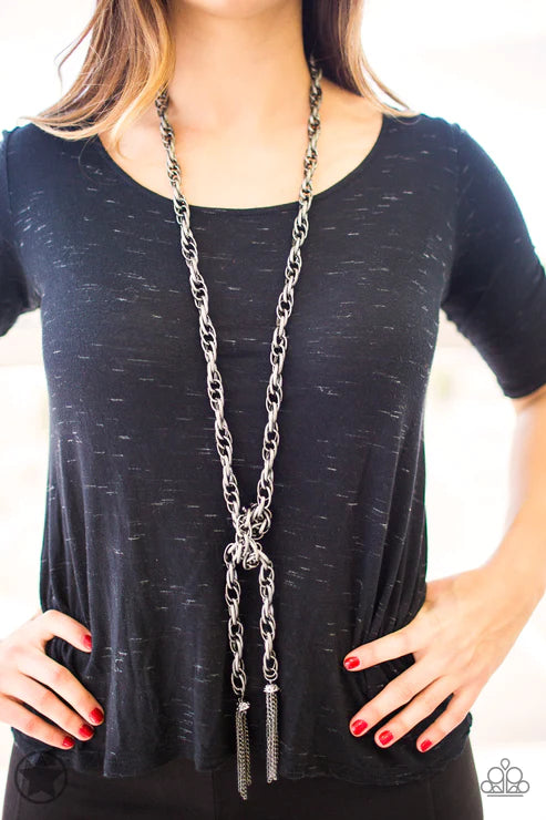 SCARFed for Attention - Oversized Gunmetal Spiral Tassel Scarf Necklace N#3140