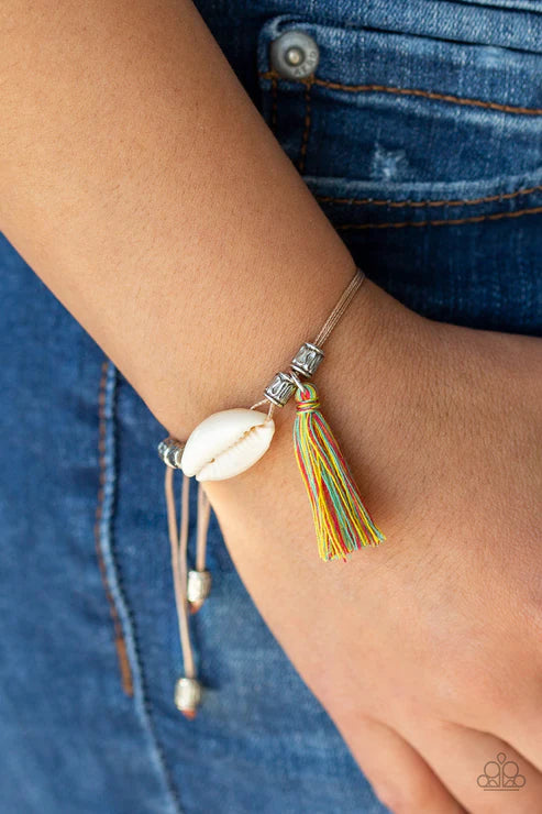 SEA If I Care - Multi Infused Antiqued Multicolored Threaded Tassel White Sea Shell Slide Along Stripes Cord Adjustable Sliding Knot Bracelet B#3064