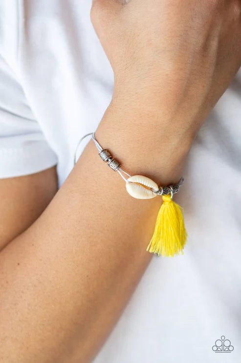 SEA If I Care - Yellow Infused Antiqued Threaded Tassel White Sea Shell Slide Along Stripes Cord Adjustable Sliding Knot B#3509