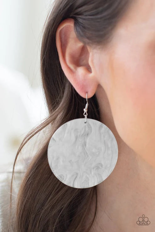 SEA Where It Goes - Oversized White Retro Shell Iridescence Shimmering Disc Earrings E#2863