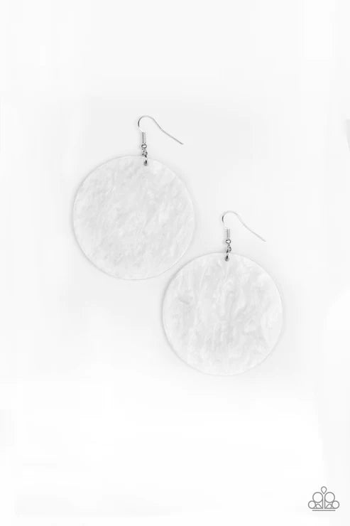 SEA Where It Goes - Oversized White Retro Shell Iridescence Shimmering Disc Earrings E#2863